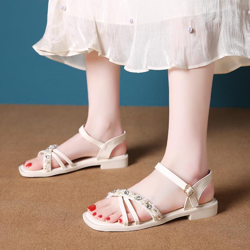 Fashion Women's Summer Sandals Fashion Square Head Shallow Mouth Crystal Thin with Soft Sole Anti-slip Wear-resistant Low Heel Shoes