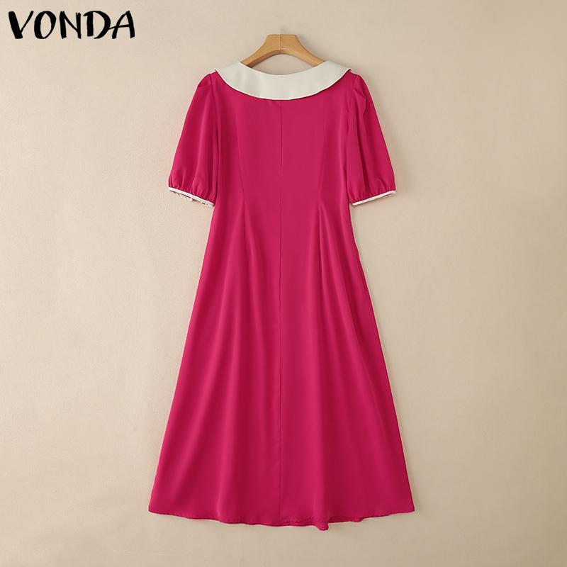 VONDA Women V Doll Collar Short Sleeve Solid Baggy Pleated Ankle Length Dress