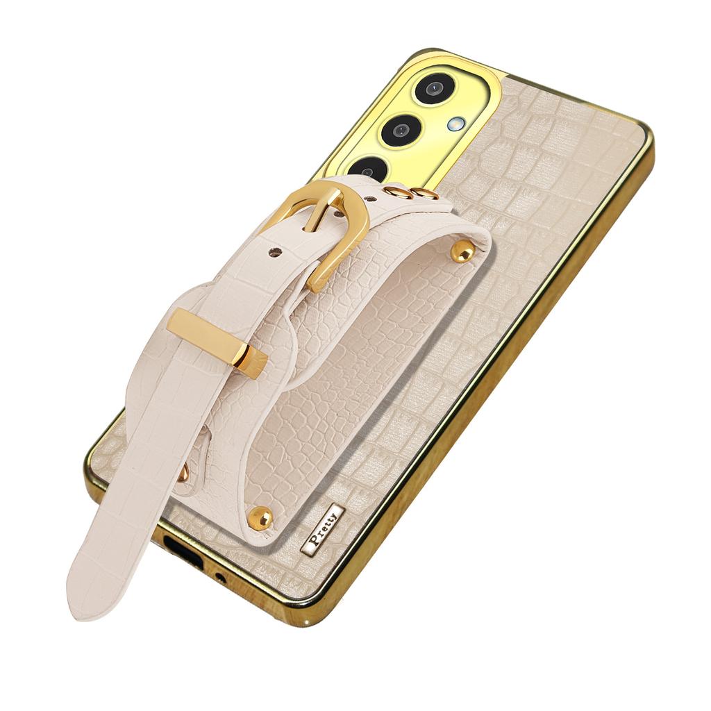 For Samsung Galaxy M35 5G Case Wristband Kickstand PU Leather+TPU 6D Electroplating Phone Cover