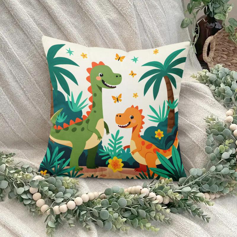 1Pc Cartoon Dinosaur Jungle Print Throw Pillow Cover,Suitable For Sofa,Bedroom,Living Room,A Fun Gift For Dinosaur Lovers