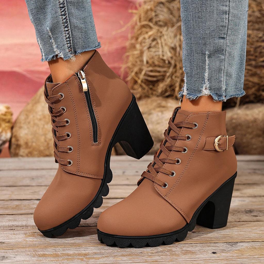 Autumn Winter Women Boots High Quality Boots Lace-up High Heels Shoes for Women Outdoor Fashion Anti-slip Boots Botas De Mujer