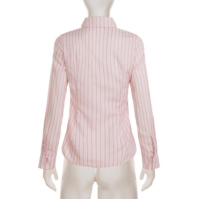 Korean Style Stripe Lapel Tie Shirt: Waist-Cinched, Long Sleeve, Sweet & Casual Women's Autumn Top