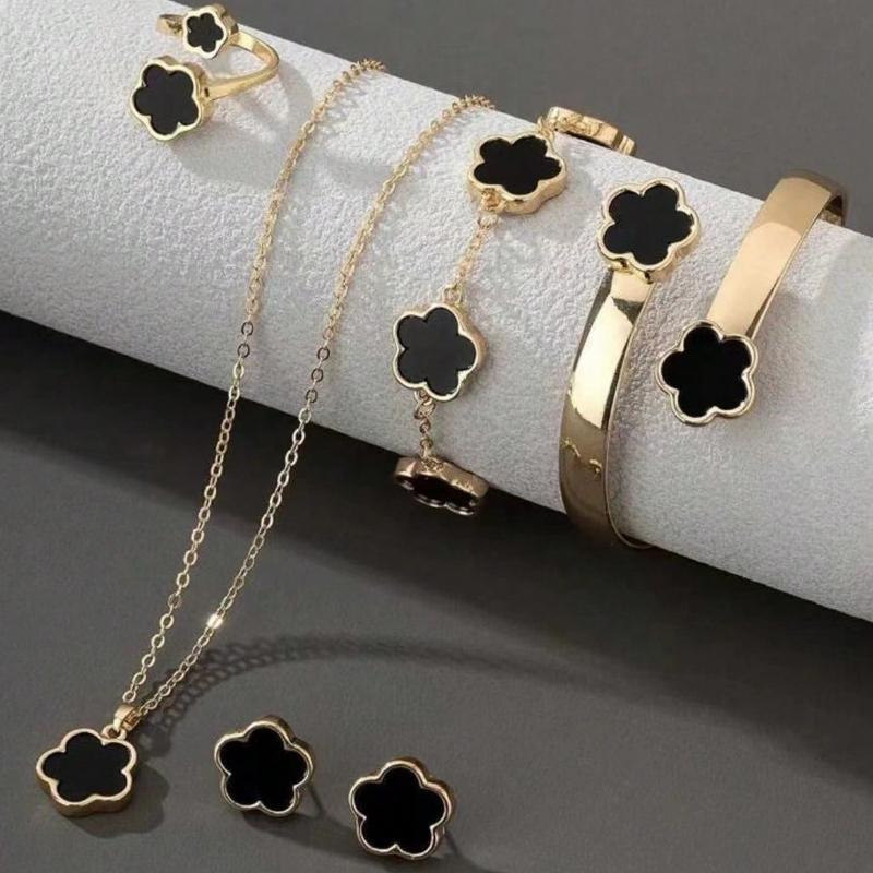 6pcs/Set Women's Same Color Lucky Flower Decoration Accessory Combination 1 Pair Of Earrings 1 Necklace 1 Bracelet 1 Bracelet 1 Ring Set Suitable