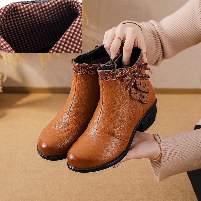 Johnature Genuine Leather Shoes Retro Ethnic Style Thick Heel Versatile Women's Short Boots