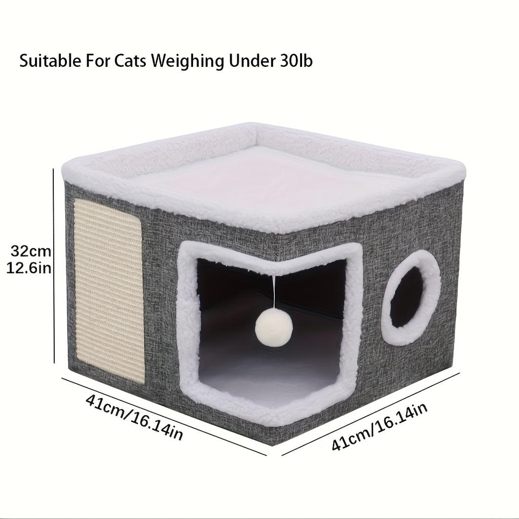 Luxury Double-Layered Cat Bed - All-Season Enclosed Nest with Sisal Scratching Board & Non-Slip Base, Includes Mat - Grey