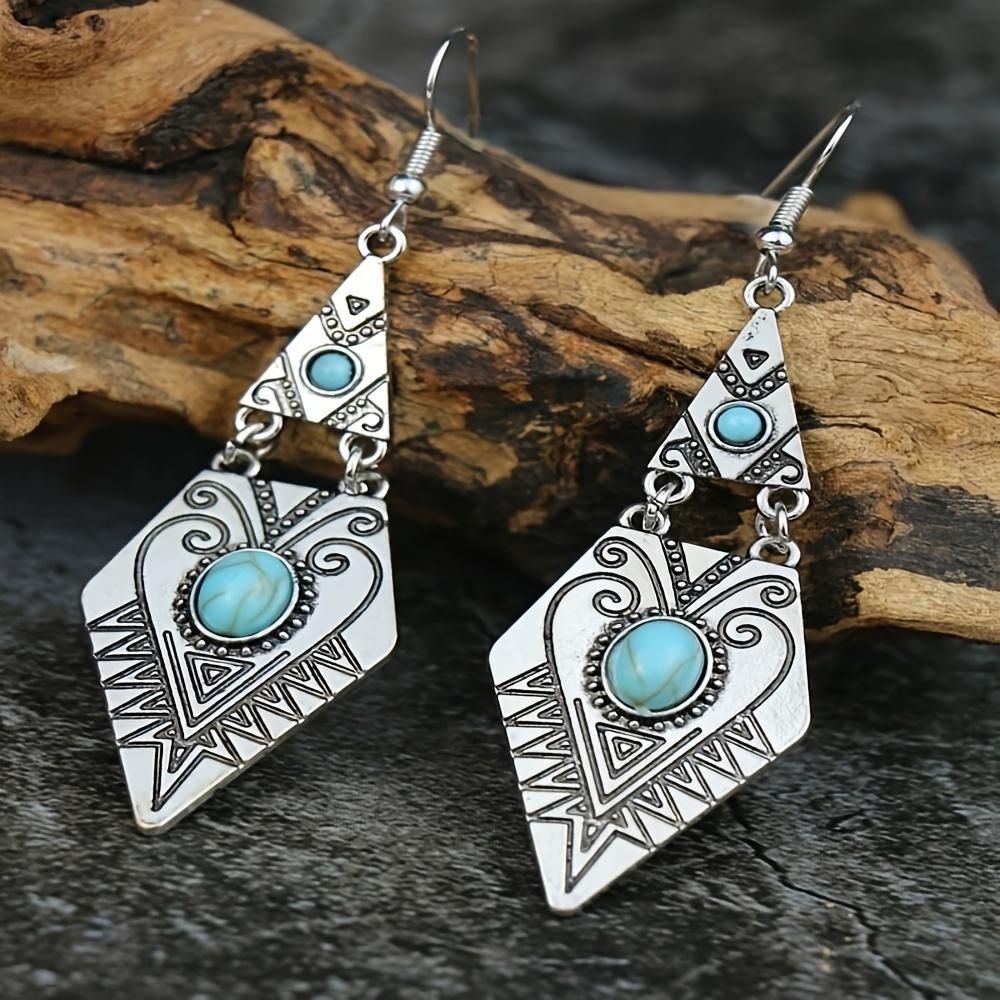 Vintage Bohemian Creative Geometric Rhombus Synthetic Turquoise Handmade Earrings, Alloy Female Wedding Couple Holiday Zircon