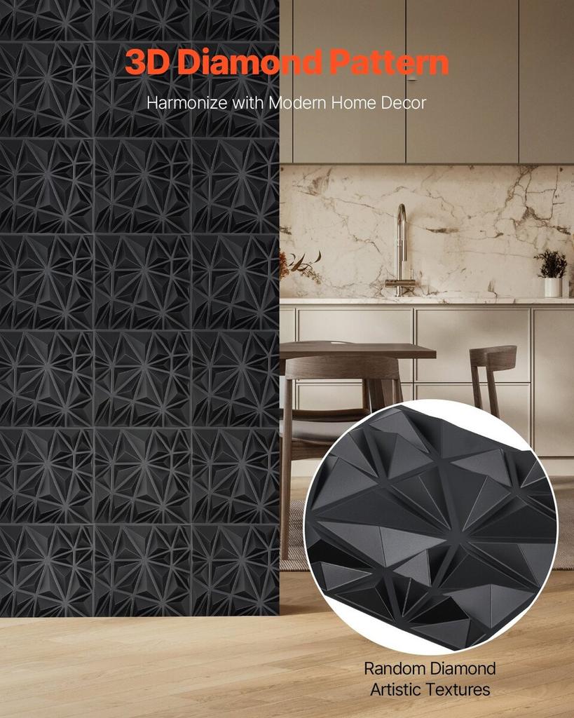 3D Wall Panels 33-Pack 11.81x11.81'' PVC 32 Sq.Ft Coverage Diamond Black