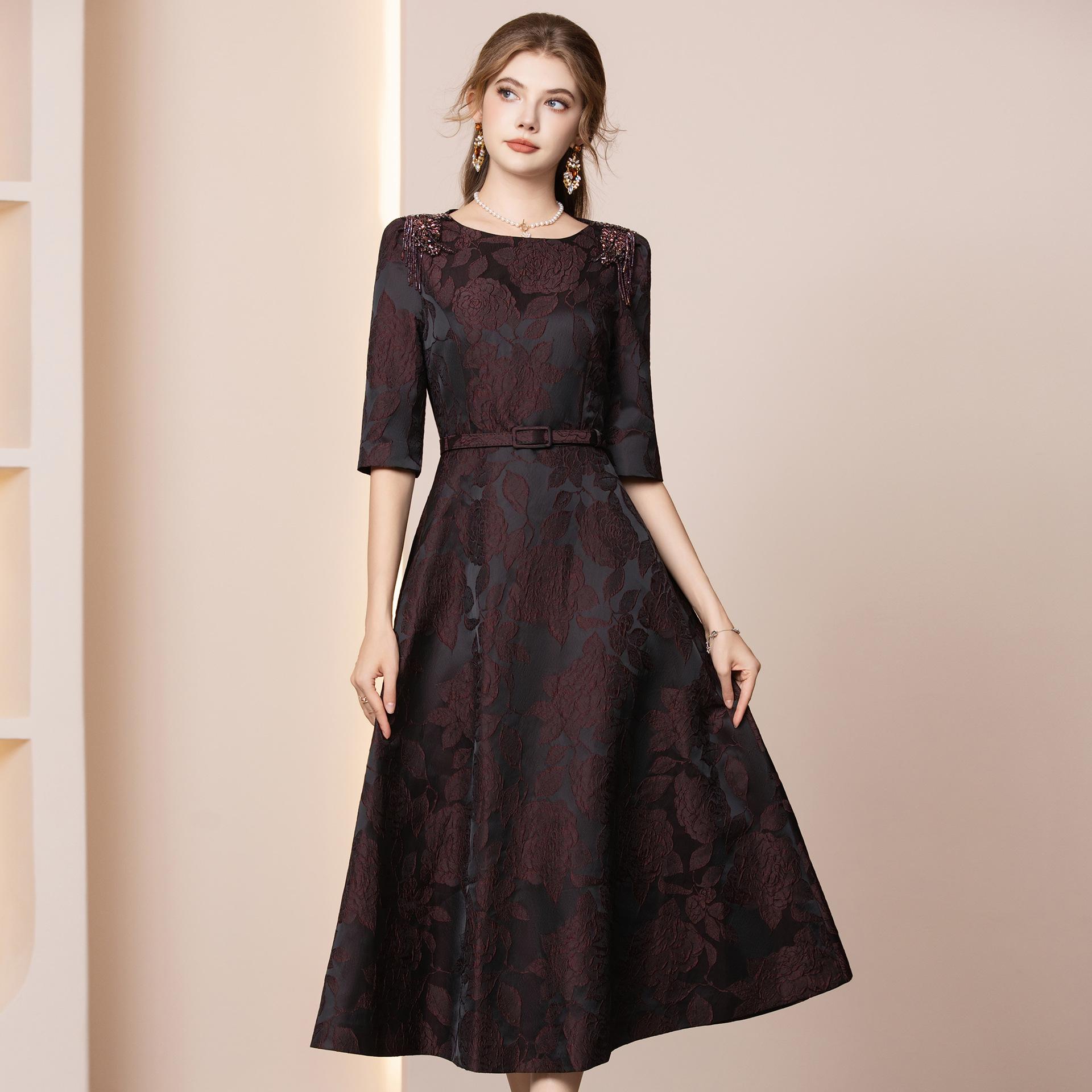 Zhi Li Elegant Puff Sleeve Jacquard A-line Dress - 2026 Spring Collection XL серый/кофейный
