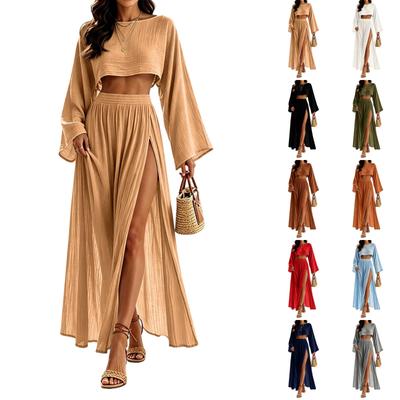 Dames Tweedeelig Set Hoge Taille Split Lange Rok en Cropped Top Lange Mouwen Casual Vakantie Outfit Lichtgewicht Stof Comfortabele Pasvorm
