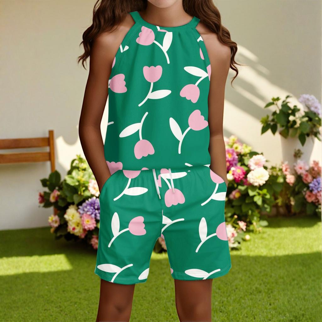 Children's Casual Fashion Round Neck Sleeveless  Top Shorts Set