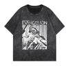T-shirt Vintage Lavata con Pannello Manga di Neon Genesis Evangelion Streetwear Grafica per Uomo Donna