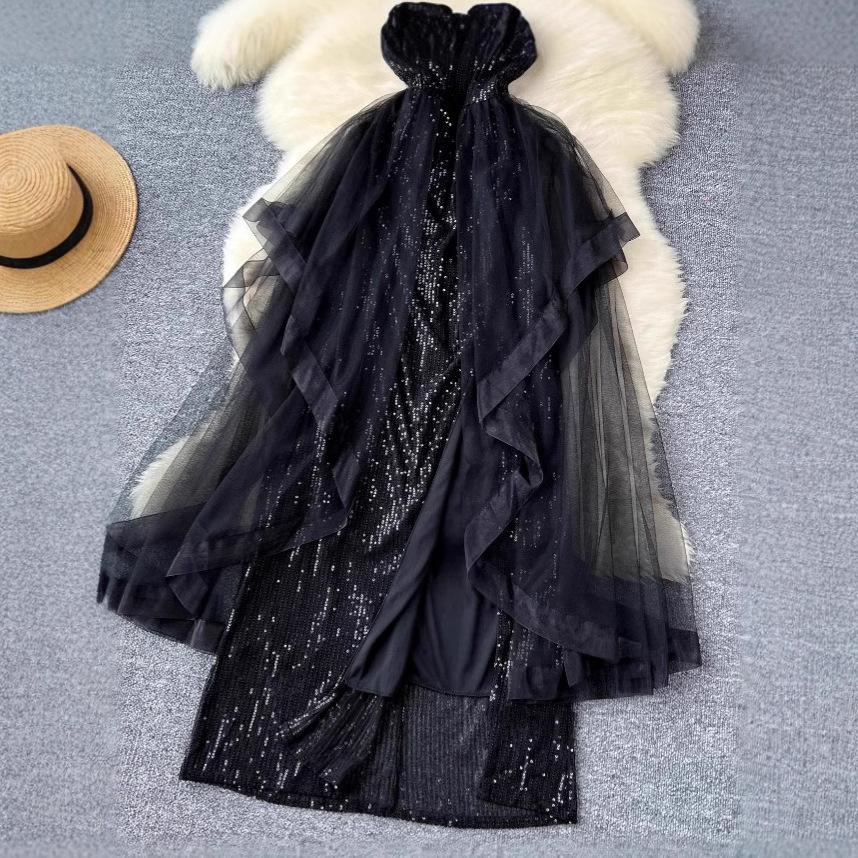 Temperament Black Evening Dress Dress Women's Spring and Autumn New Banquet Advanced Sense French Piano Performance Vocal Art Test Dress
