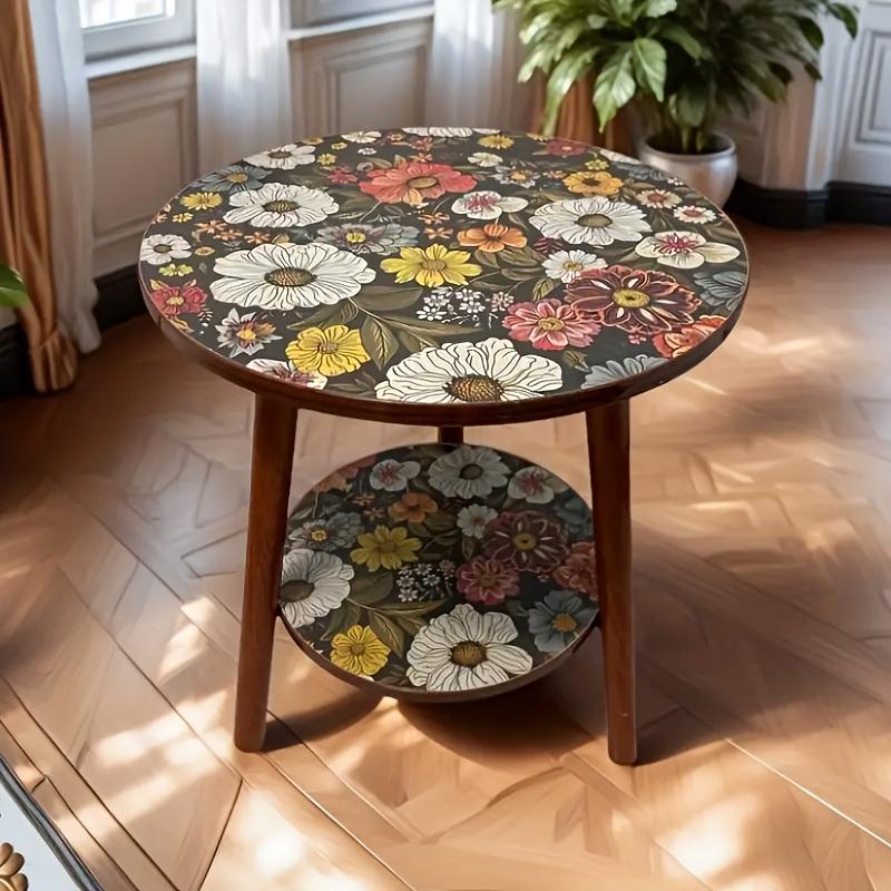 2-Tier Mandalala Floral Pattern Side Table Round Coffee Table with Vibrant Flower Design for Living Room Bedroom Side Table