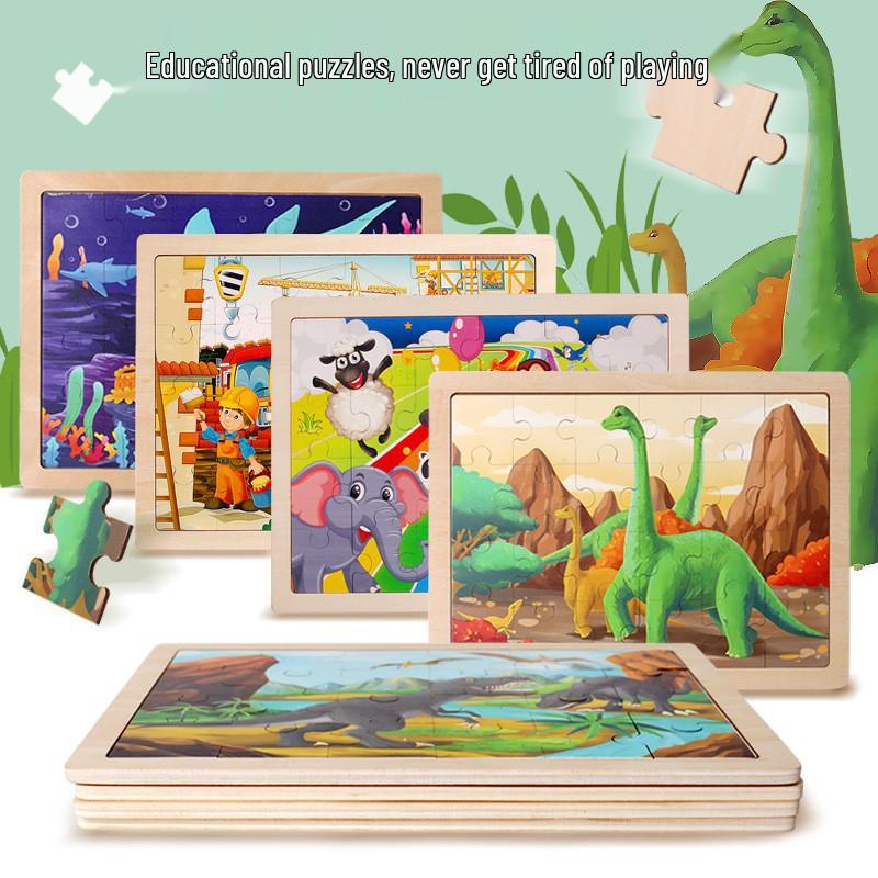 

Natural Wood Dinosaur Cartoon Puzzle - 24-Piece Animal Flat Toy for Children