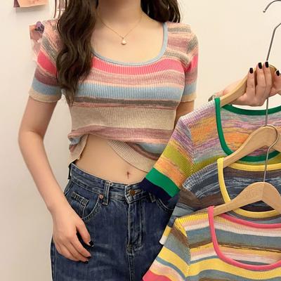 Sweet and Spicy Square Neck Striped Knit Shirt Female Summer Year Slim Thin Positive Shoulder Short Section Short-sleeved Tops Casual Pullovers Tees