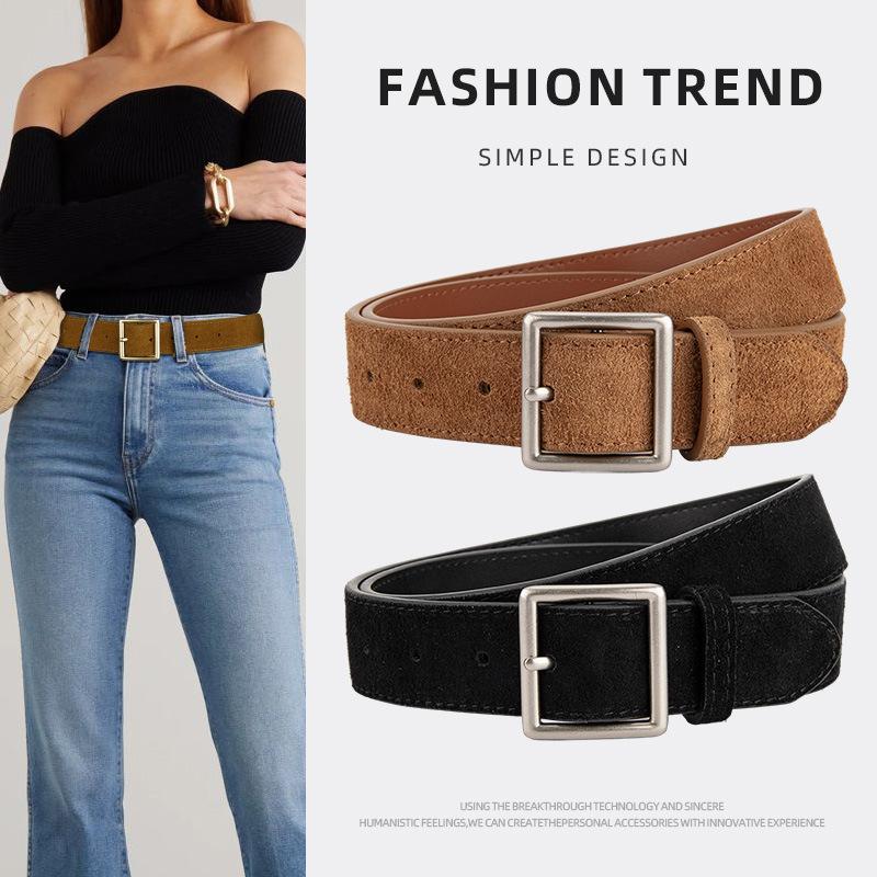 Korean Version of Retro Frosted Suede Women's Genuine Leather Belt Silver Square Buckle High-end Sense with Jeans Decorative Belt for Women