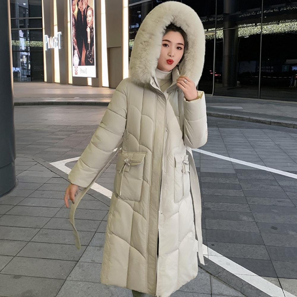 Women's long over-knee solid-color cotton-padded clothes, new autumn and winter Korean version waist fashion big fur collar down cotton clothes