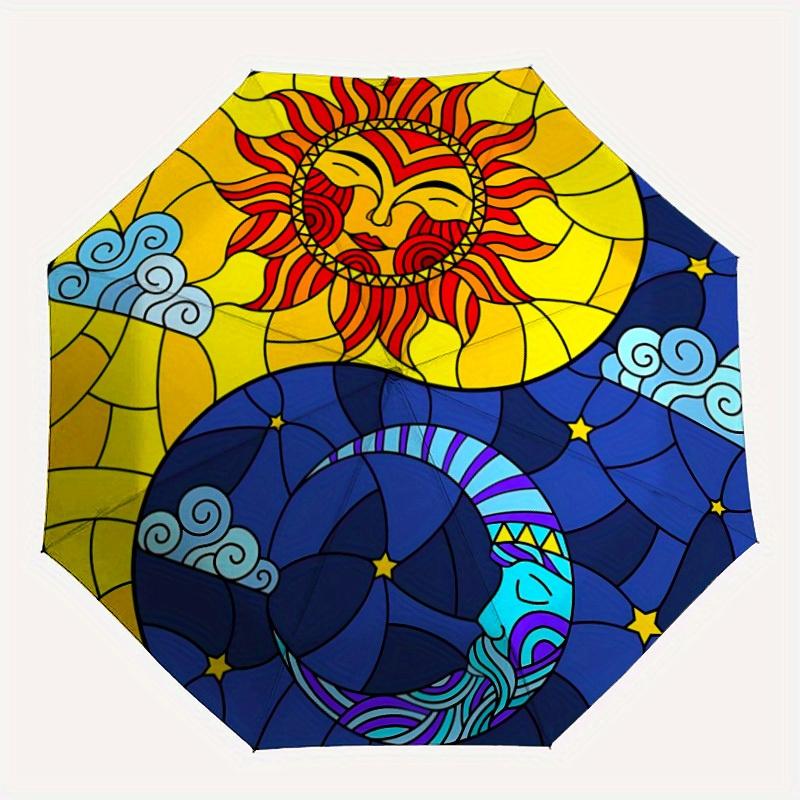 1pc Sun Moon Yin Yang Stained Automatic Opening/Closing Folding Umbrella with 82 Ribs, Plastic Handle, Windproof Portable Sunshade Umbrella y250726122