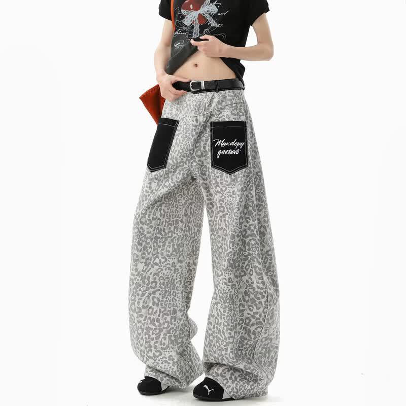 BWKA Unisex American Retro Leopard Patchwork Loose Curved Leg Jeans XL цветной печати леопарда