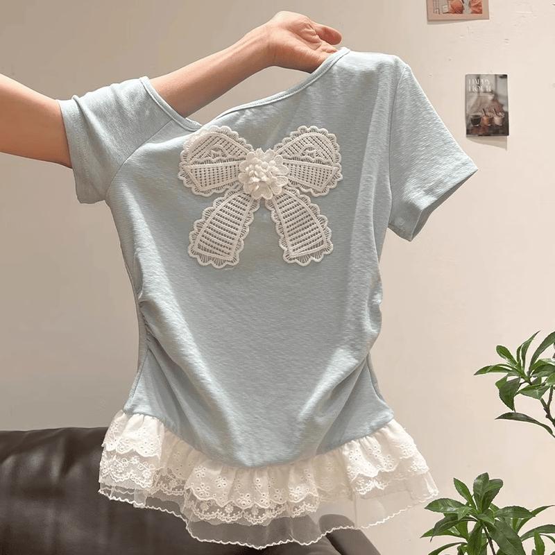 La Chapelle Women's Slim Fit Lace Bow T-Shirt