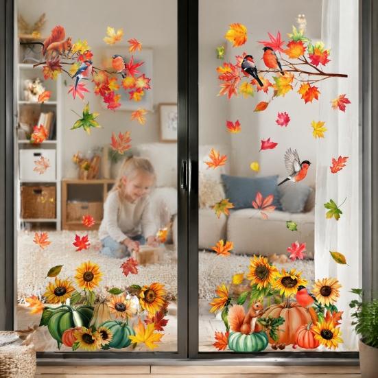 Removable Maple Leaf Clings Autumn Harvest Window Decals, Sunflower Pumpkin Bird Static Cling Stickers, Classroom Fall Theme Displays Reusable