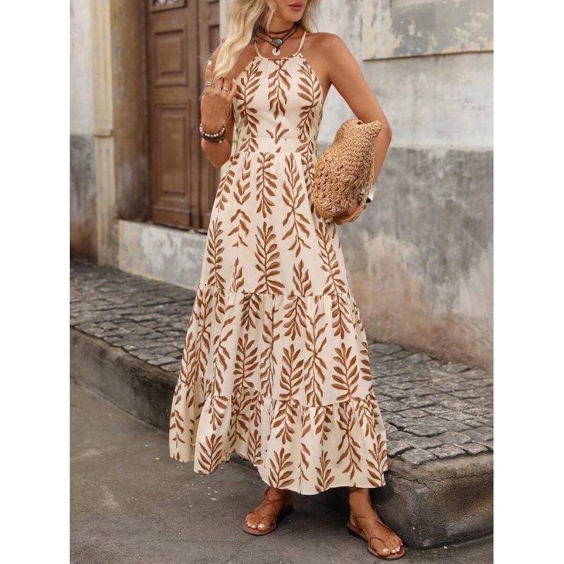 Vacation tropical plant print ruffle back cross strap halter sleeveless dress for women XS