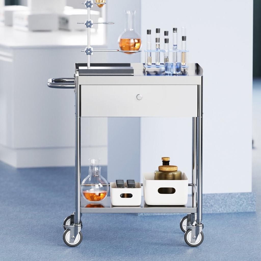 Medical Cart, 2 Layers Stainless Steel Cart 220 lbs Weight Capacity, Lab Utility Cart with 360° Silent Wheels and a Drawer for Lab, Clinic, Kitchen,