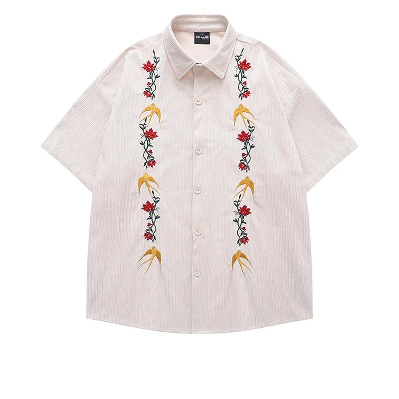 Unisex Brown Floral Embroidery Short-Sleeve Oversized Shirt Casual Button-Down To