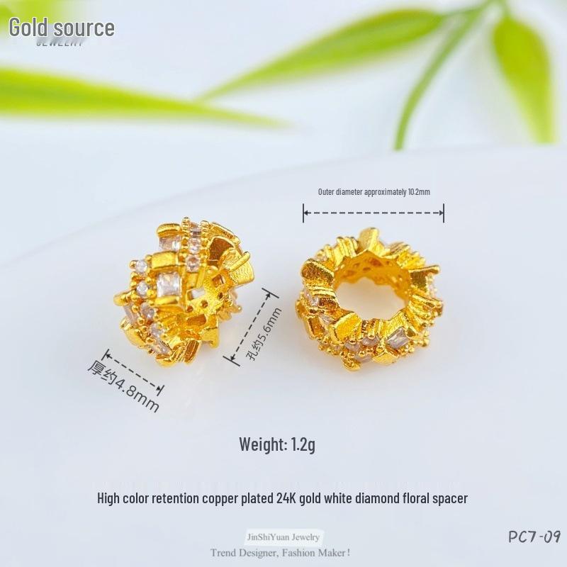 24K Gold Zircon Large Hole Spacer Beads - High Retention Copper Plated Barrel Flower Crown for DIY Bracelets