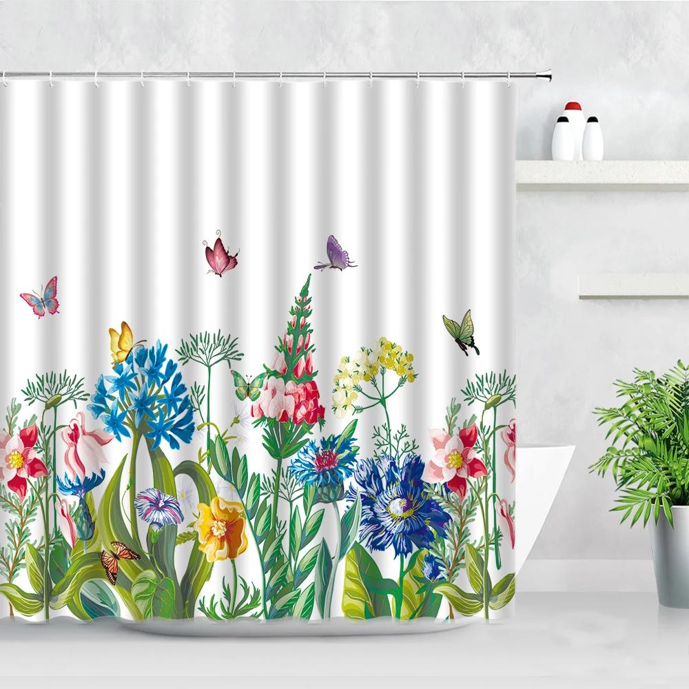 Natural Floral Shower Curtains Flowers Green Leaf Butterfly Water Color Art Nordic Modern Waterproof Bathroom Decor Curtain