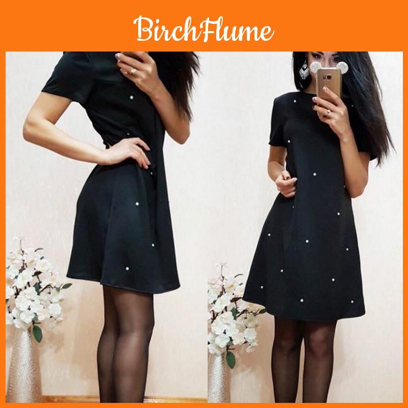 Elegant Casual O Neck Short Sleeve A-line Dress With Studded And Beaded Accents