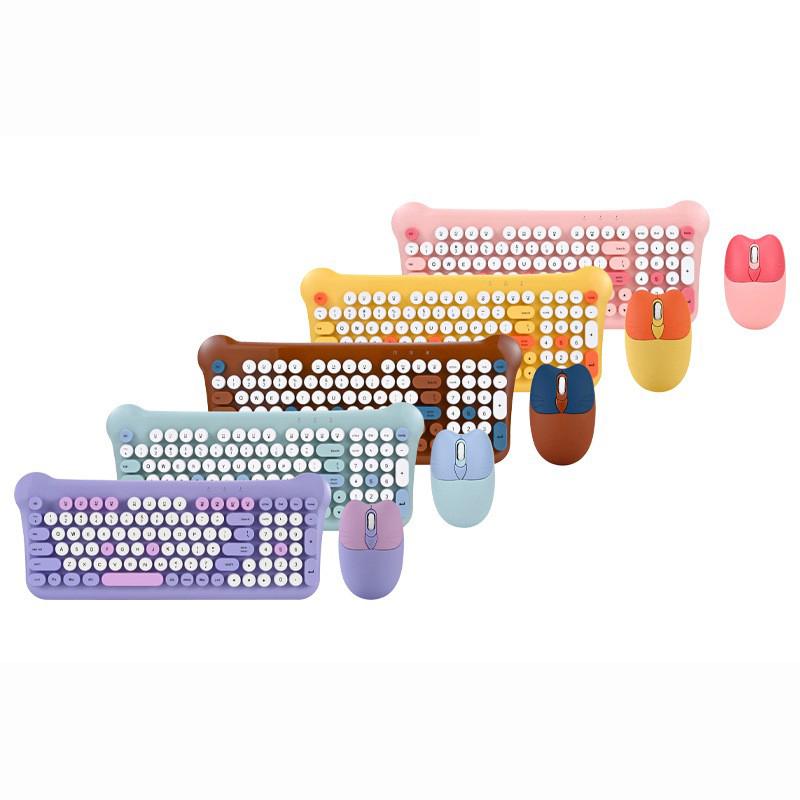 Round Keys Cute 2.4GHz Bluetooth Wireless Keyboard Mouse Set Wireless Keyboard and Mouse Combo for Computer PC Laptop Pink