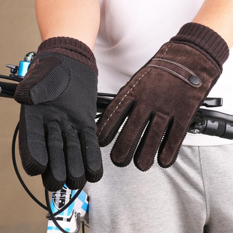 

Теплые перчатки Мужские морозостойкие из свиной кожи на меху и утолщенные вязаные Luokou для активного отдыха, езды, с сенсорным экраном, осенне-зимние кожаные перчатки One Size