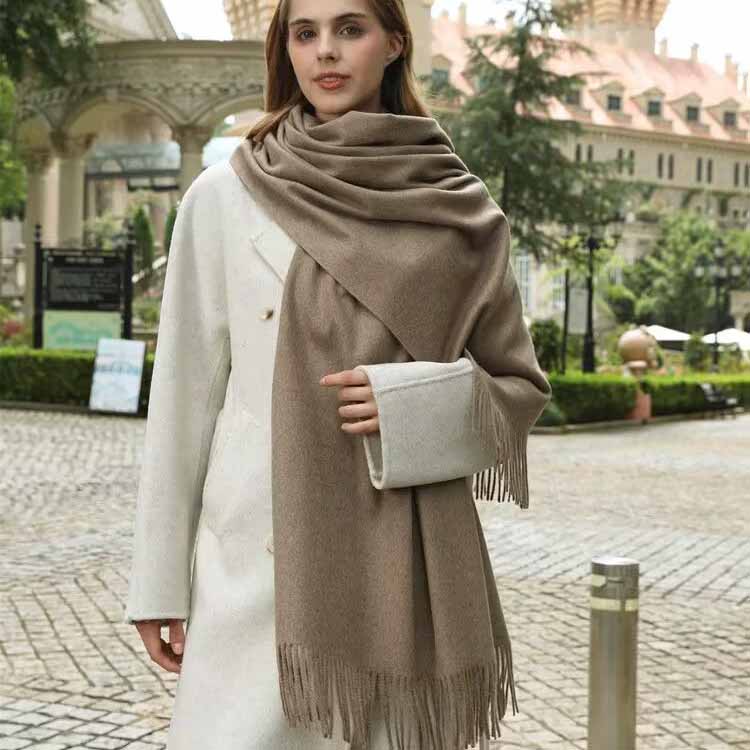 Fular Gros de Lână Culoare Solidă Unisex Fular de Iarnă cu Franjuri de Cașmir Cald Rezistent la Vânt Înfășurare Plaid pentru Femei & Bărbați