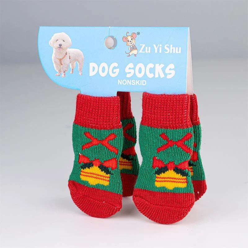 New 4Pcs/set Christmas Deer Snowman Pet Knitted Socks Winter Warm Indoor Wear Slip On Paw Protector Small Dogs Cat Socks Shoes