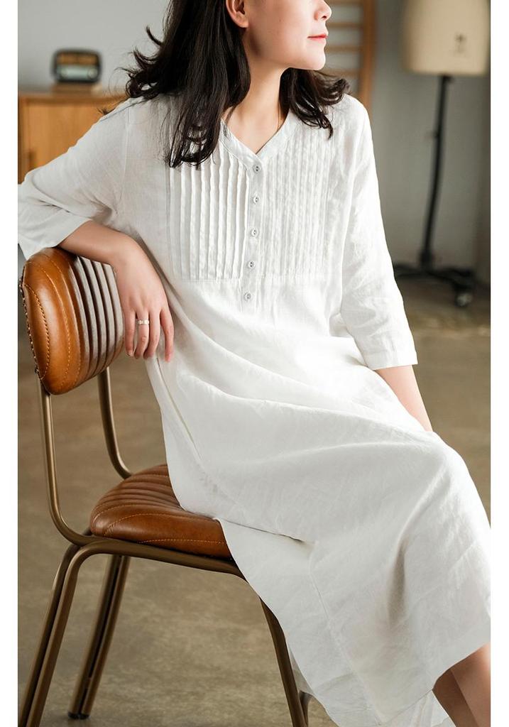 2024 Summer Artistic Loose Patchwork Cotton Linen V-Neck Mid-Length Dress with Five-Point Sleeves