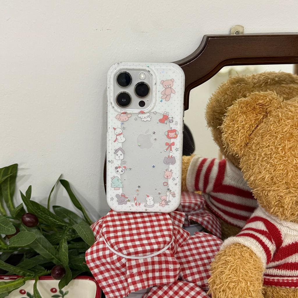 Festive Cute Cartoon White Sparkly Christmas Po Frame Phone Case for iPhone 17 16 15 14 11 12 13 Pro Max Plus Back Cover