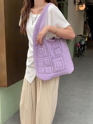 Knitted Beach Lightweight Students Shoulder Bag Casual Hollow Out Crochet Woven Tote Bags For Women