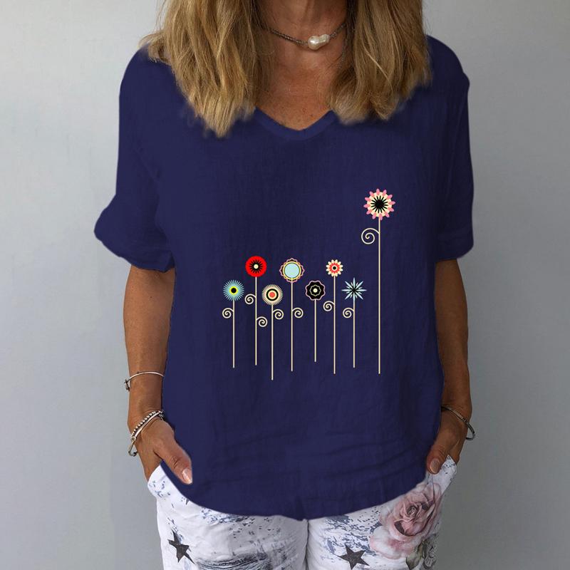 Spring Summer Floral Printed Blouses Shirts Women Elegant Casual Shirt Casual Loose V Neck Short Sleeve Tops