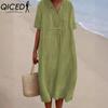 QICED Women's Fashion Summer Spring Solid Color Print Short Sleeve V-Neck High Waist Casual Dresses