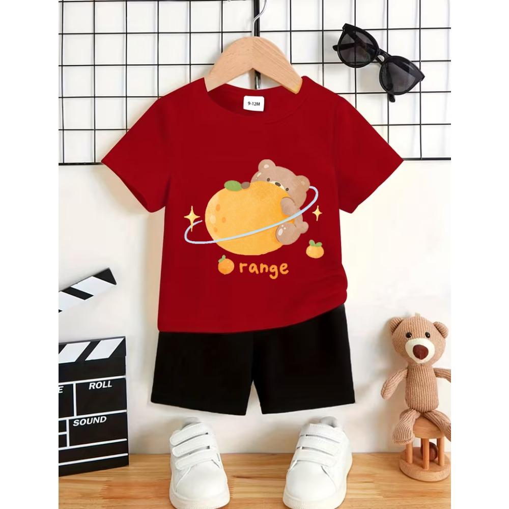 Fun Style Planet Orange Bear Print Boys Short Sleeve Shorts Two Piece Set 100