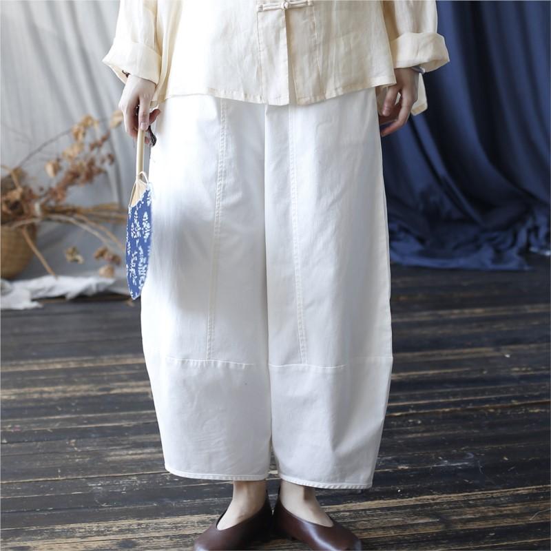 Johnature Women Vintage Patchwork Wide Leg Pants Elastic Waist White Trousers Autumn Pockets Women Long Pants