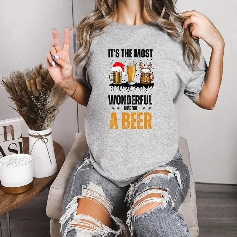FeUnisex Street Wear Tshirt Christmas Santa Beer Print Tops T Shirt Reindeer Drinking Graphic Tees Shirt for Women Tshirt Clothes