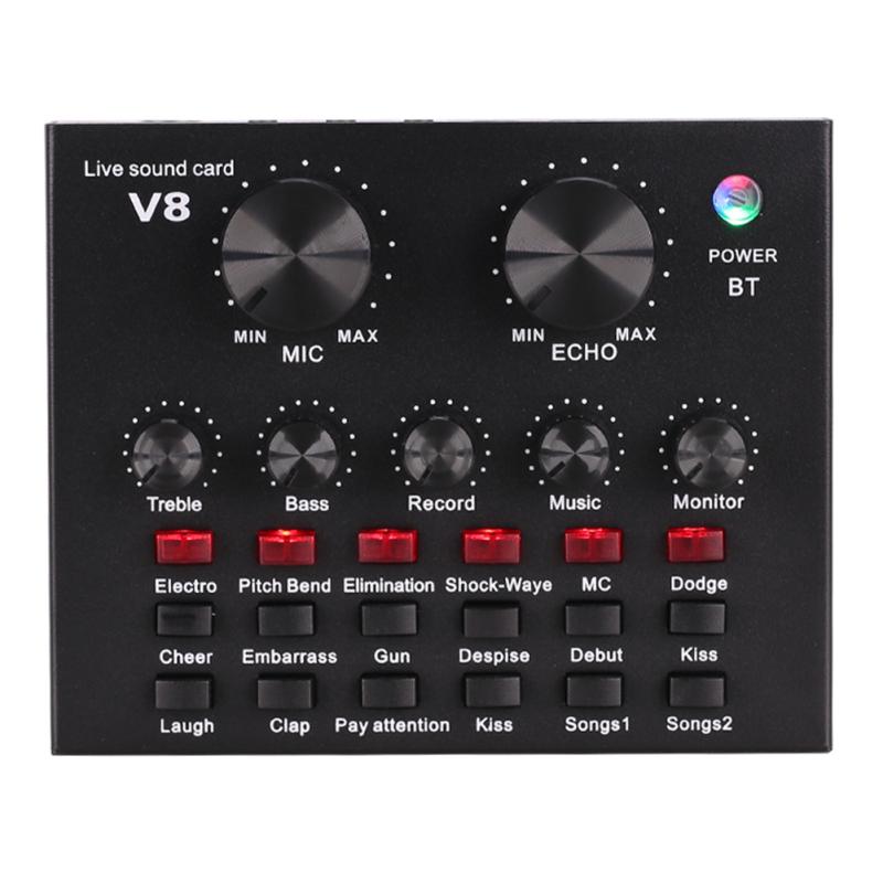 V8 Placa de som multifuncional ao vivo Interface de áudio USB Mixer de áudio ajustável com volume inteligente