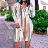 Women Plus Size V Neck Long Sleeve White Blue Printed Fitted Straight Dress