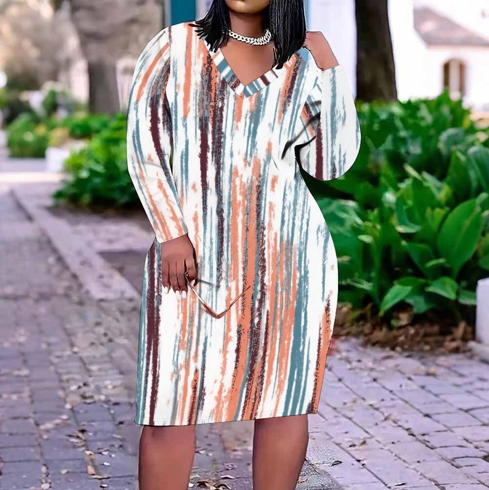 Women Plus Size V Neck Long Sleeve White Blue Printed Fitted Straight Dress