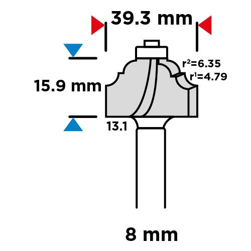 Shaped cutter with bearing, decorative, HM, 39.3 x 15.9 mm, 8 mm shank