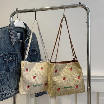 Strawberry Printed Bucket Bag New Women's Bag Large Capacity Woven Tote Bag Seaside Vacation Handheld Beach Bag