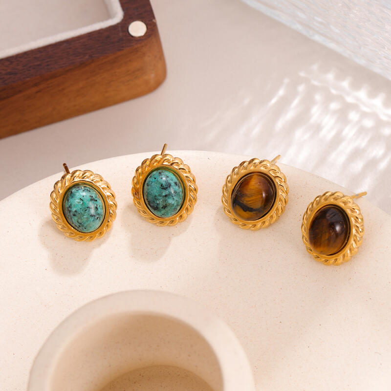 Vintage Stainless Steel Oval Stone Drop Earrings for Women Ladies Palace Style Temperament No Fading Stud Earrings Jewelry Gifts