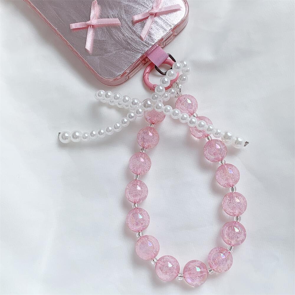 Pink Beaded Bow Keychain Mobile Phone Chain Earphone Bag Anti-Lost Rope Car Keychain Girls Fashion Backpack Pendant Accessories